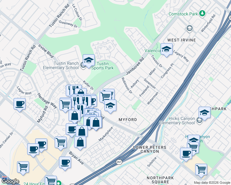 map of restaurants, bars, coffee shops, grocery stores, and more near 33 Meadow Glen in Irvine