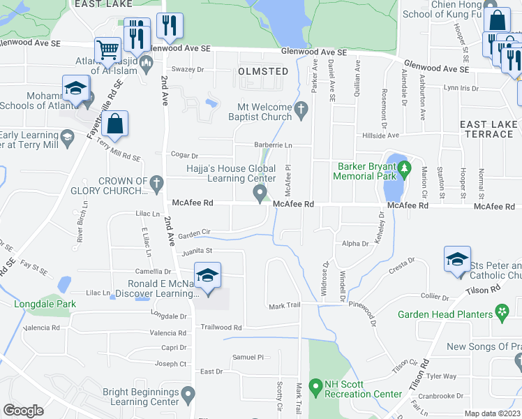 map of restaurants, bars, coffee shops, grocery stores, and more near 2107 McAfee Road in Decatur