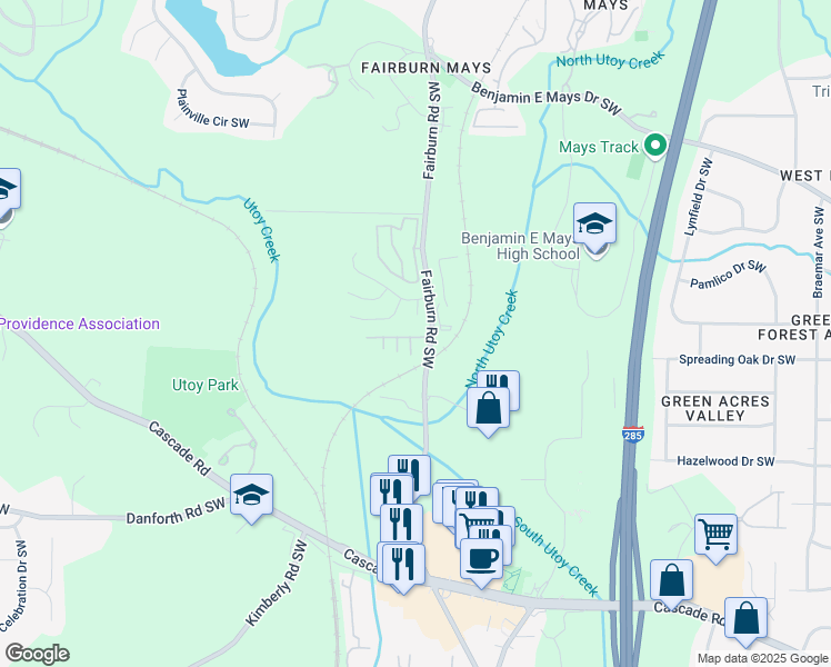 map of restaurants, bars, coffee shops, grocery stores, and more near 3609 Ginnis Road in Atlanta