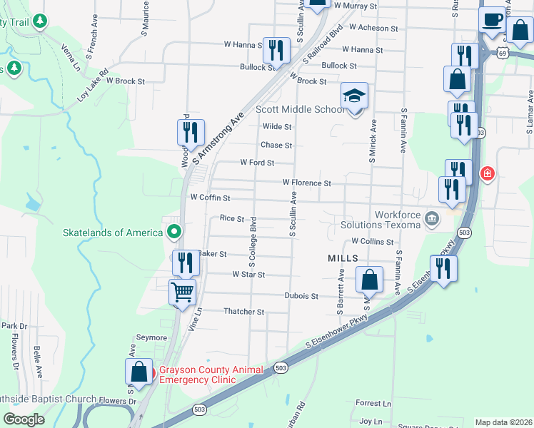 map of restaurants, bars, coffee shops, grocery stores, and more near 936 West Coffin Street in Denison