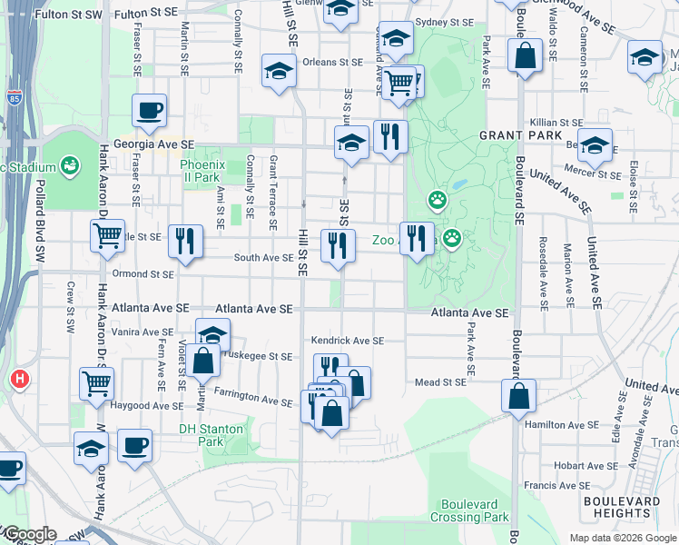 map of restaurants, bars, coffee shops, grocery stores, and more near 822 Grant Street Southeast in Atlanta