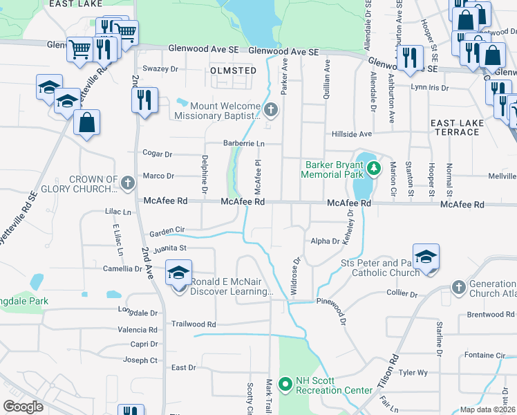 map of restaurants, bars, coffee shops, grocery stores, and more near 2149 McAfee Road in Decatur