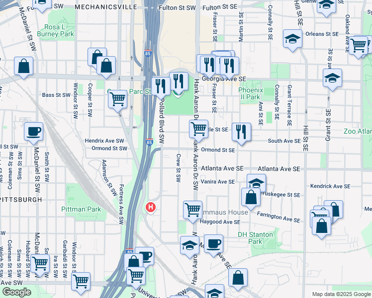 map of restaurants, bars, coffee shops, grocery stores, and more near 26 Ormond Street Southwest in Atlanta