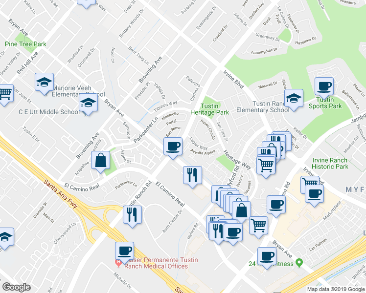 map of restaurants, bars, coffee shops, grocery stores, and more near 13405 Via Almeria in Tustin