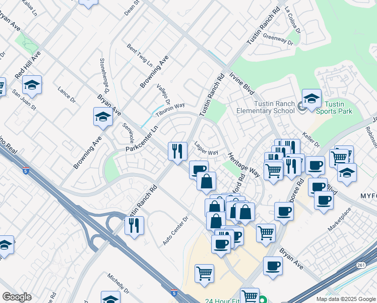 map of restaurants, bars, coffee shops, grocery stores, and more near 13405 Via Almeria in Tustin