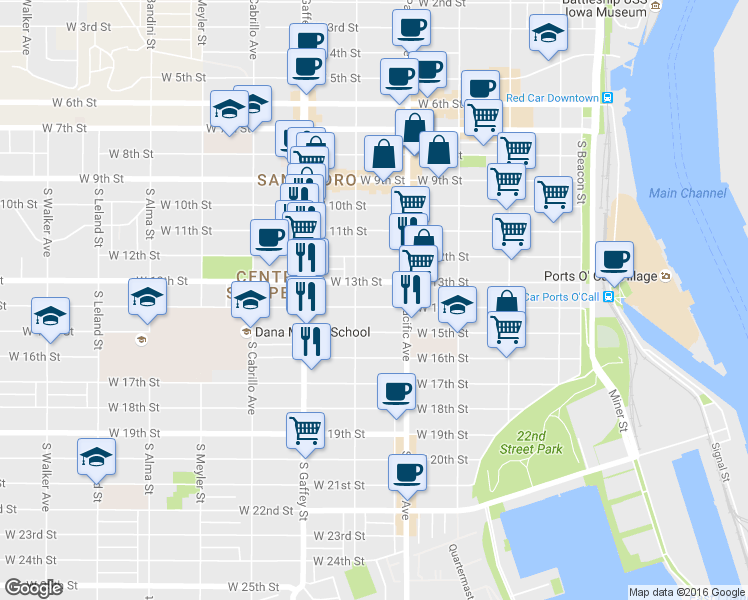 map of restaurants, bars, coffee shops, grocery stores, and more near 560 West 14th Street in Los Angeles
