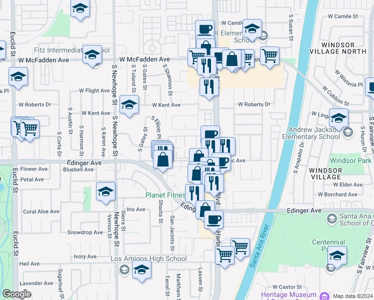 map of restaurants, bars, coffee shops, grocery stores, and more near 15940 Silvertip Court in Fountain Valley