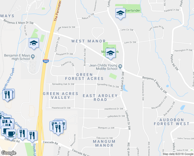 map of restaurants, bars, coffee shops, grocery stores, and more near 876 Laurelmont Drive Southwest in Atlanta