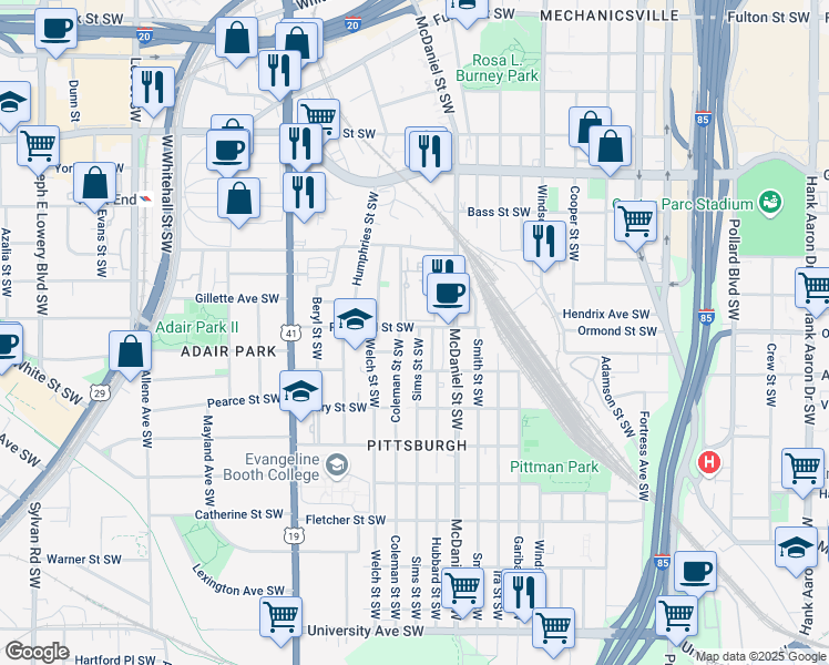 map of restaurants, bars, coffee shops, grocery stores, and more near 480 Rockwell Street Southwest in Atlanta
