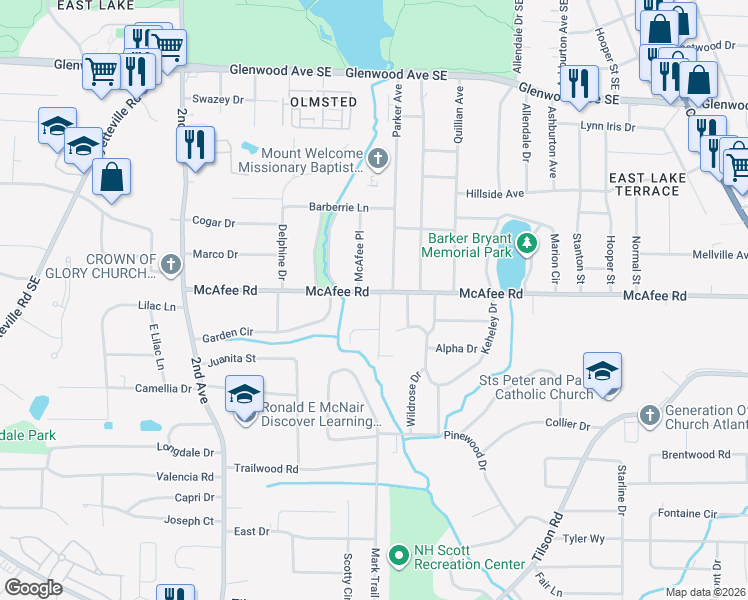 map of restaurants, bars, coffee shops, grocery stores, and more near 2167 McAfee Rd in Decatur