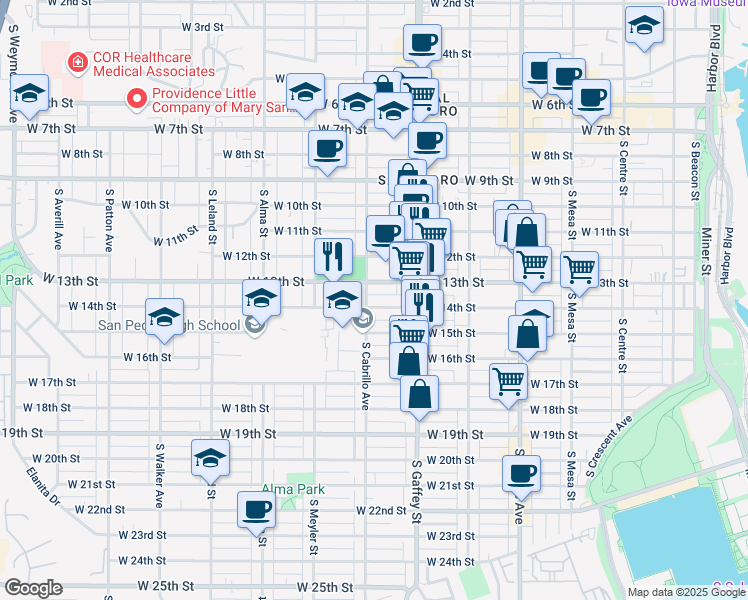map of restaurants, bars, coffee shops, grocery stores, and more near 1322 South Cabrillo Avenue in Los Angeles