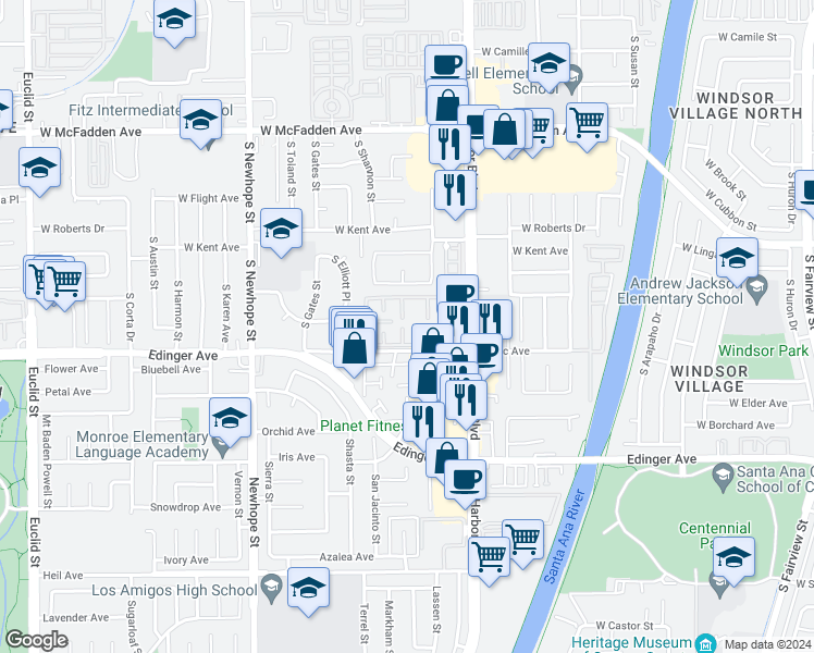 map of restaurants, bars, coffee shops, grocery stores, and more near 15940 Silvertip Court in Fountain Valley