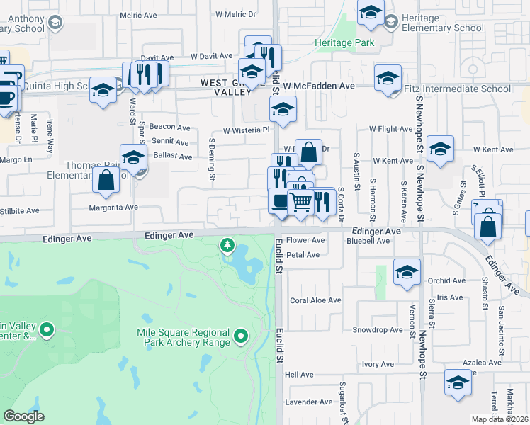 map of restaurants, bars, coffee shops, grocery stores, and more near 15972 South Euclid Street in Fountain Valley