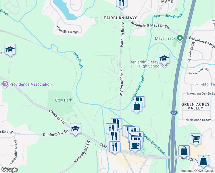 map of restaurants, bars, coffee shops, grocery stores, and more near 3627 Ginnis Road in Atlanta