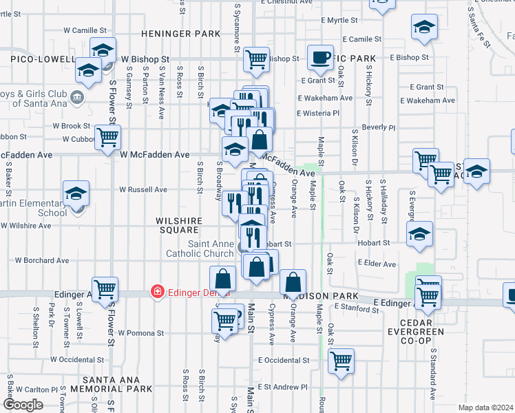map of restaurants, bars, coffee shops, grocery stores, and more near 115 East Oxford Street in Santa Ana