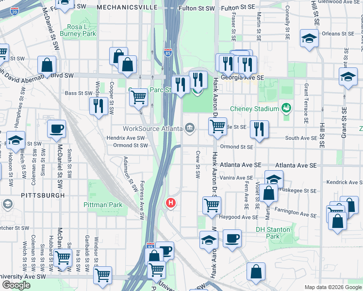 map of restaurants, bars, coffee shops, grocery stores, and more near Washington St SW & Ormond St SW in Atlanta