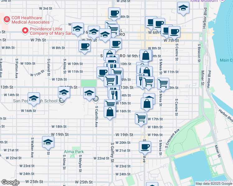 map of restaurants, bars, coffee shops, grocery stores, and more near 676 1/2 West 14th Street in Los Angeles