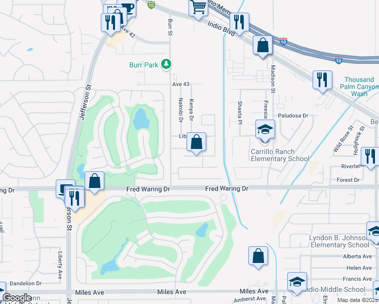 map of restaurants, bars, coffee shops, grocery stores, and more near 80618 Declaration Avenue in Indio