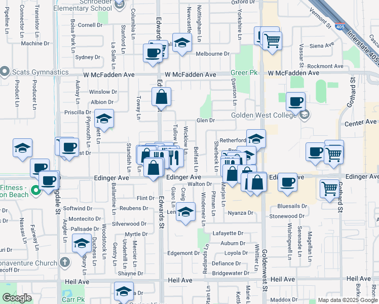 map of restaurants, bars, coffee shops, grocery stores, and more near 15861 Belfast Lane in Huntington Beach