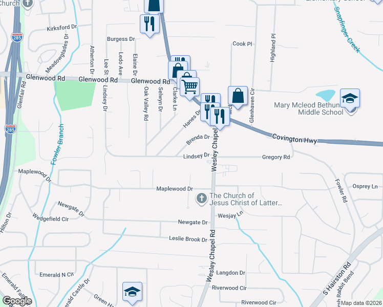 map of restaurants, bars, coffee shops, grocery stores, and more near 4119 Brenda Drive in Decatur