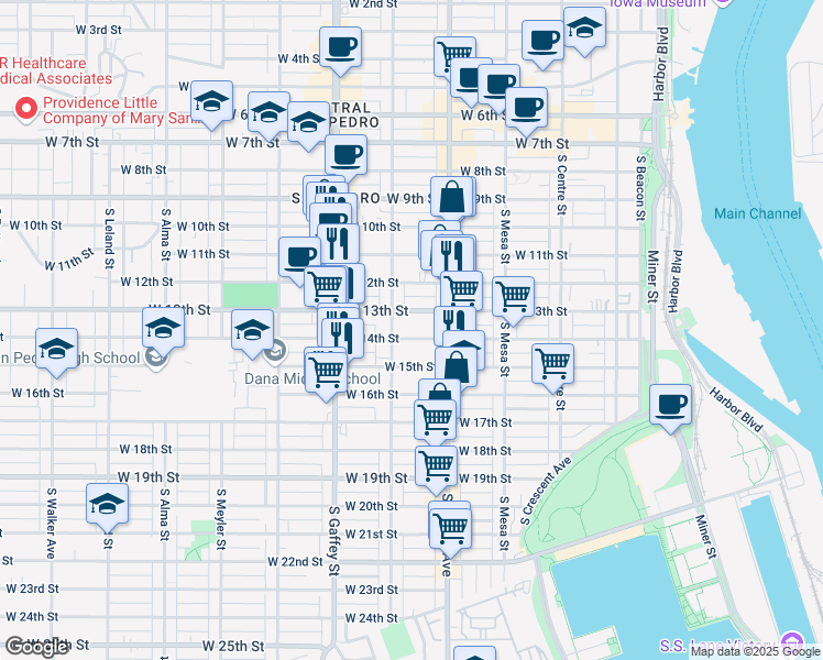 map of restaurants, bars, coffee shops, grocery stores, and more near 560 West 14th Street in Los Angeles