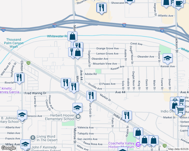 map of restaurants, bars, coffee shops, grocery stores, and more near 82193 Adobe Road in Indio