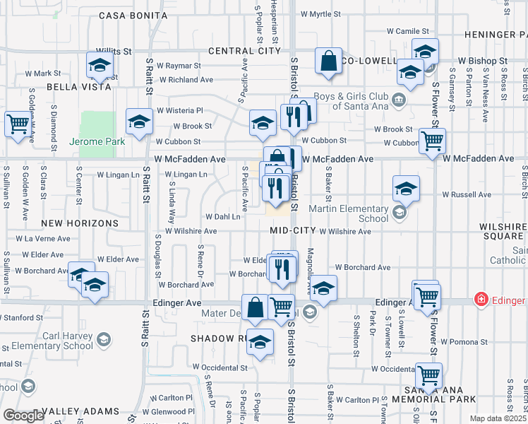 map of restaurants, bars, coffee shops, grocery stores, and more near 1410 West Dahl Lane in Santa Ana