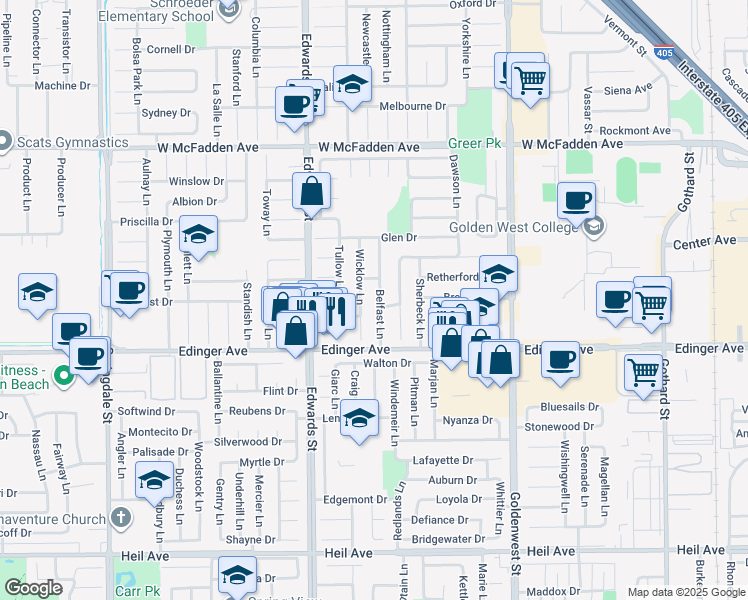 map of restaurants, bars, coffee shops, grocery stores, and more near 15871 Belfast Lane in Huntington Beach