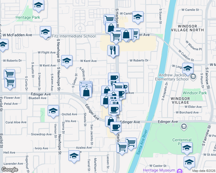 map of restaurants, bars, coffee shops, grocery stores, and more near 11912 Verbena Court in Fountain Valley