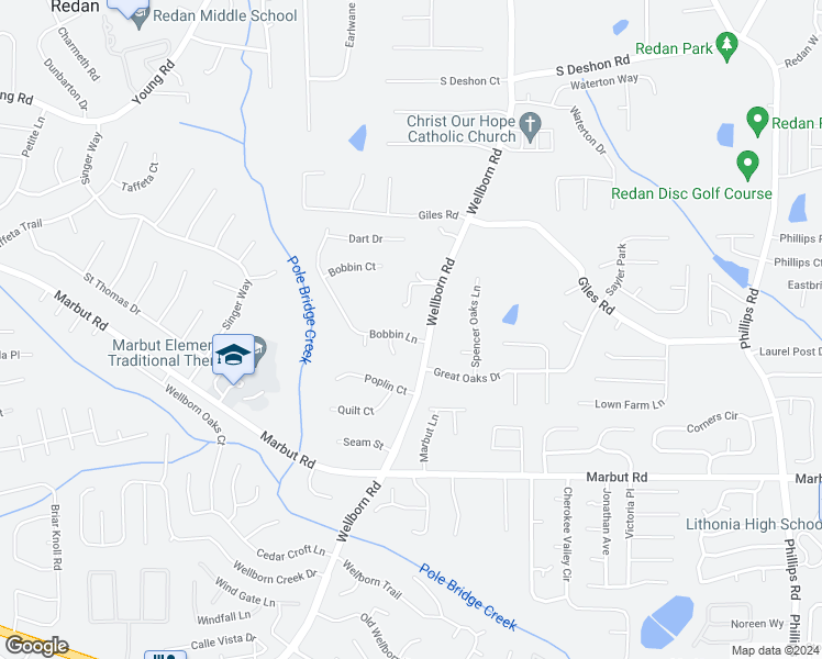 map of restaurants, bars, coffee shops, grocery stores, and more near 5942 Bobbin Lane in Lithonia