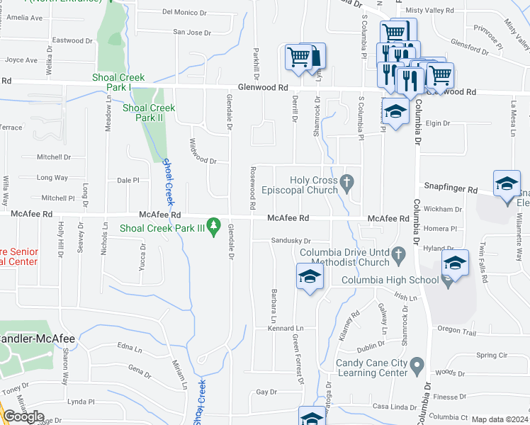 map of restaurants, bars, coffee shops, grocery stores, and more near 3142 McAfee Road in Decatur