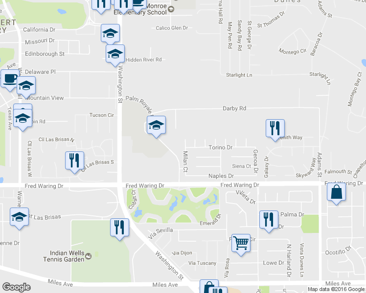 map of restaurants, bars, coffee shops, grocery stores, and more near 43695 Milan Court in La Quinta