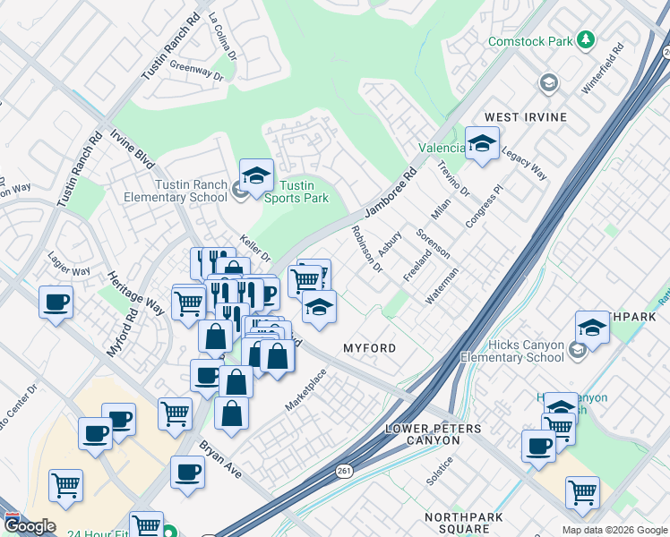 map of restaurants, bars, coffee shops, grocery stores, and more near 33 Meadow Glen in Irvine