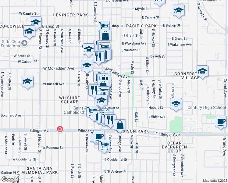 map of restaurants, bars, coffee shops, grocery stores, and more near 1242 Orange Avenue in Santa Ana