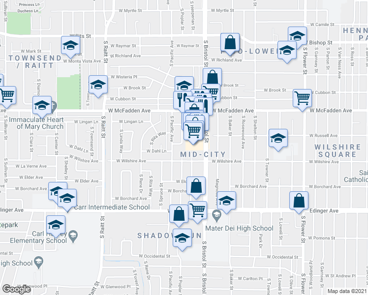 map of restaurants, bars, coffee shops, grocery stores, and more near 1212 South Bristol Street in Santa Ana