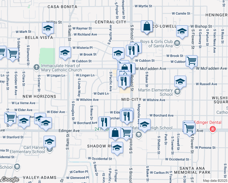 map of restaurants, bars, coffee shops, grocery stores, and more near 1219 South Pacific Avenue in Santa Ana