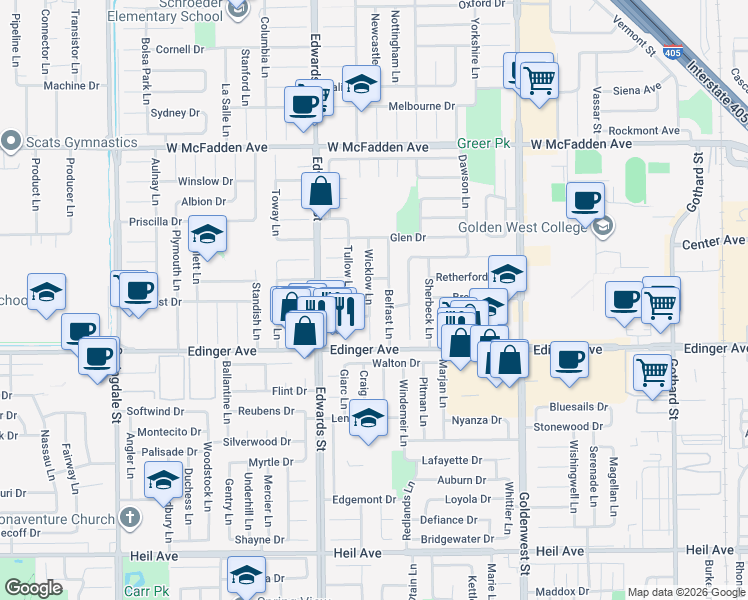 map of restaurants, bars, coffee shops, grocery stores, and more near 15861 Belfast Lane in Huntington Beach