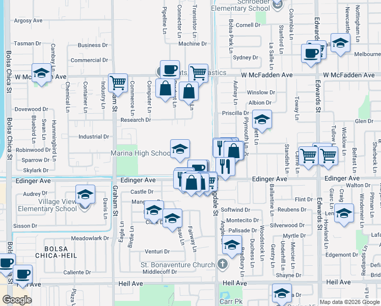 map of restaurants, bars, coffee shops, grocery stores, and more near 15871 Springdale St in Huntington Beach