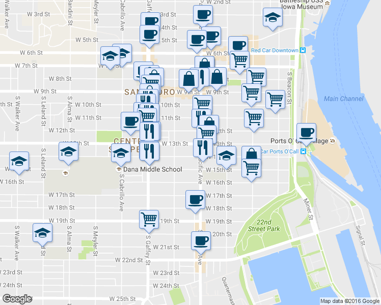 map of restaurants, bars, coffee shops, grocery stores, and more near 1319 South Pacific Avenue in Los Angeles
