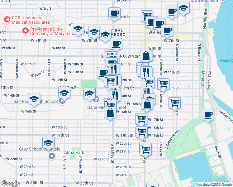 map of restaurants, bars, coffee shops, grocery stores, and more near 663 West 13th Street in Los Angeles