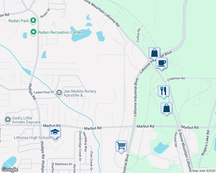 map of restaurants, bars, coffee shops, grocery stores, and more near 1989 Jabco Boulevard in Lithonia