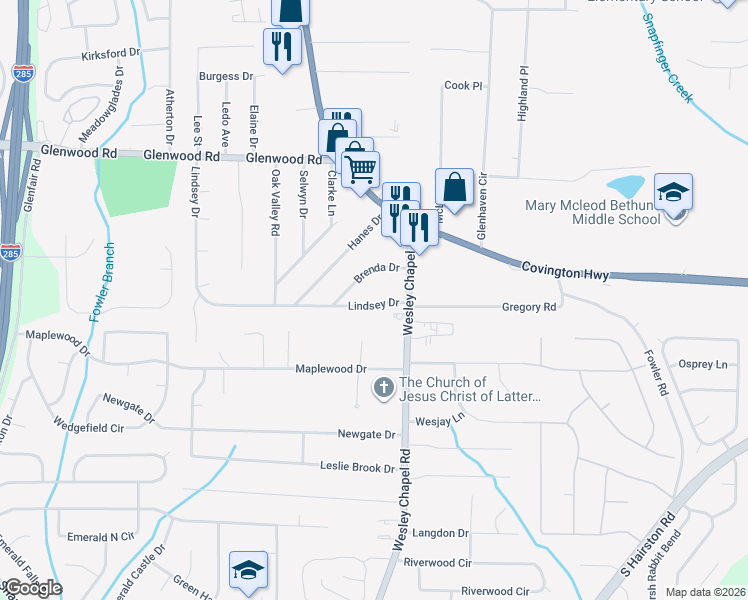 map of restaurants, bars, coffee shops, grocery stores, and more near 4119 Brenda Drive in Decatur