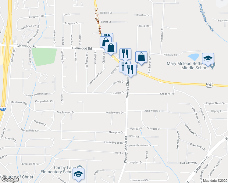 map of restaurants, bars, coffee shops, grocery stores, and more near 4119 Brenda Drive in Decatur