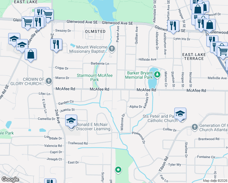 map of restaurants, bars, coffee shops, grocery stores, and more near 2167 McAfee Road in Decatur