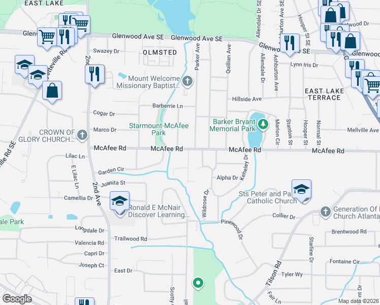 map of restaurants, bars, coffee shops, grocery stores, and more near 2167 McAfee Road in Decatur