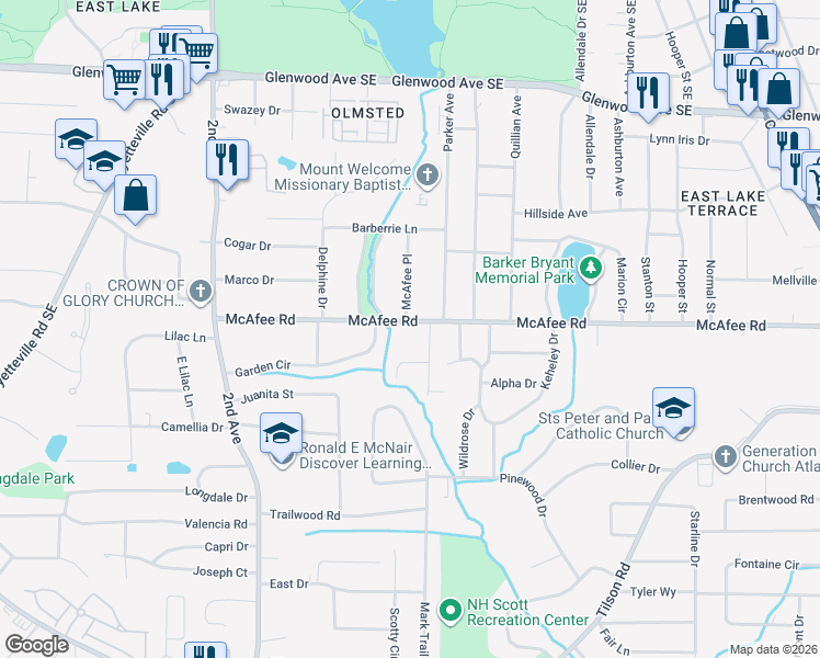 map of restaurants, bars, coffee shops, grocery stores, and more near 2149 McAfee Road in Decatur