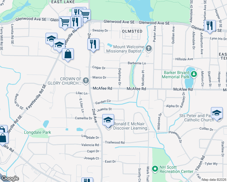 map of restaurants, bars, coffee shops, grocery stores, and more near in Candler-McAfee