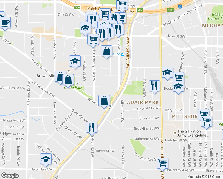 map of restaurants, bars, coffee shops, grocery stores, and more near 842 White Street Southwest in Atlanta