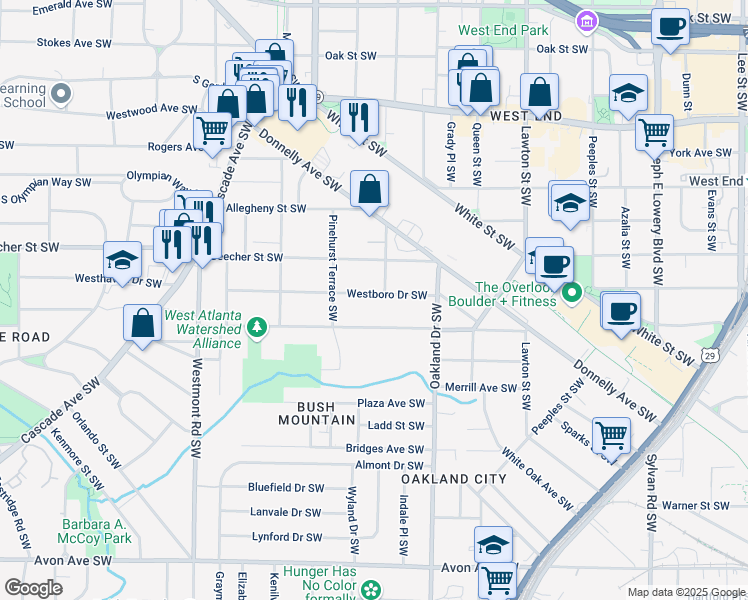 map of restaurants, bars, coffee shops, grocery stores, and more near 1290 Westboro Drive Southwest in Atlanta