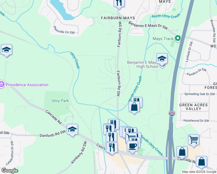 map of restaurants, bars, coffee shops, grocery stores, and more near 3633 Ginnis Road in Atlanta